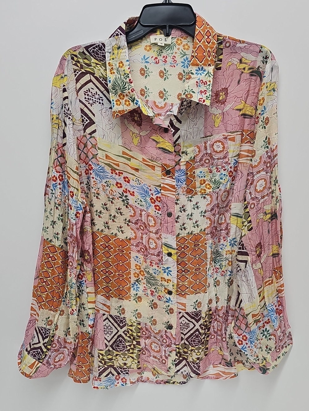 POL Patchwork Floral & Geometric Button-Down Shirt in Pink, Orange, Cream Size S
